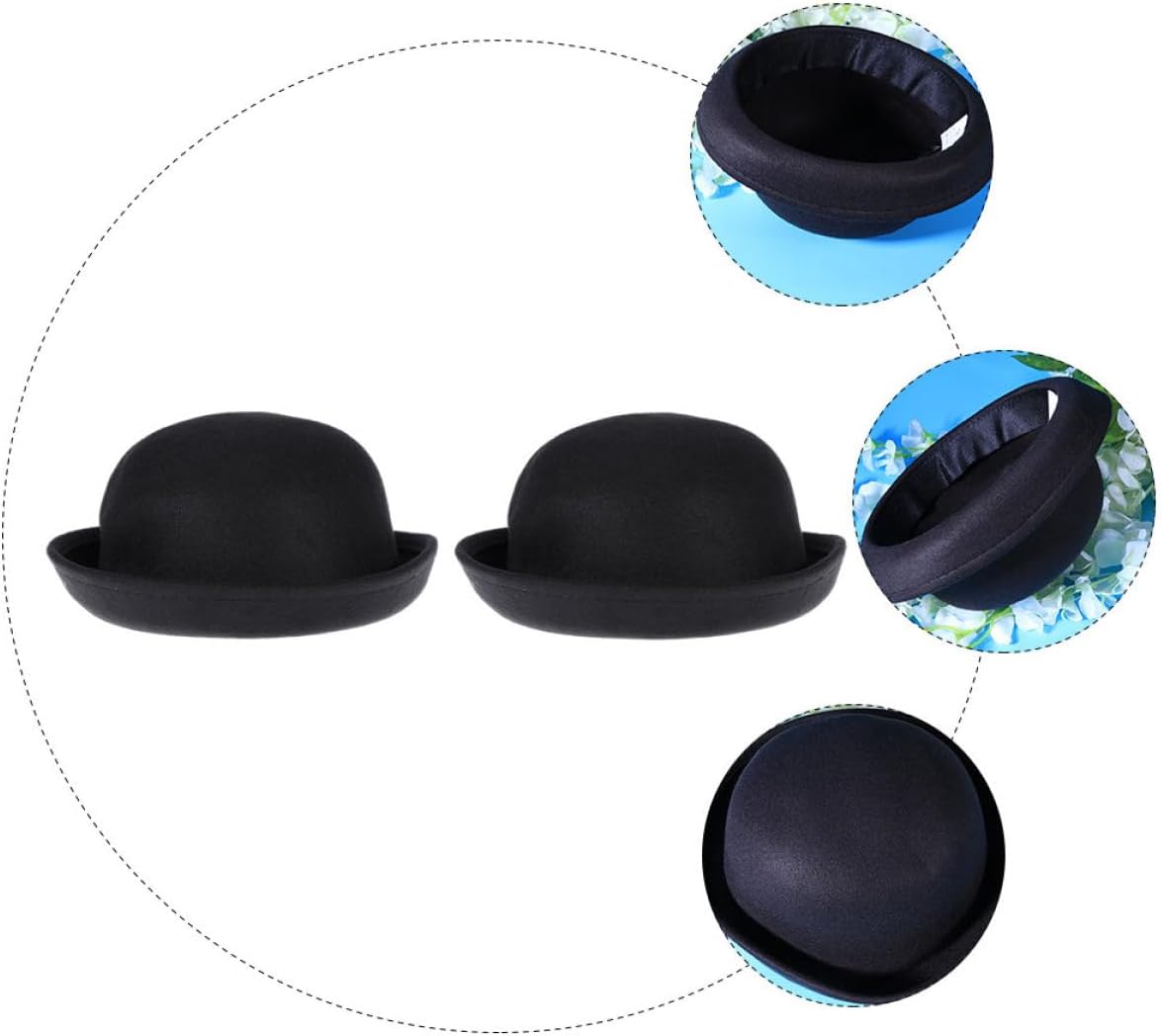 2pcs Women’s Wool Felt Cloche Hats, Black Curly Rolled Brim Dome Caps for Autumn Winter, Classic Decorative Warm Short Brim Fedora for Ladies