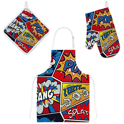 My Daily Kitchen Apron With Pockets, Oven Mitt And Pot Holder Set, Retro Pop Art Comic Adjustable Cooking Apron, Microwave Glove, Potholder, 3 Piece #TOP24