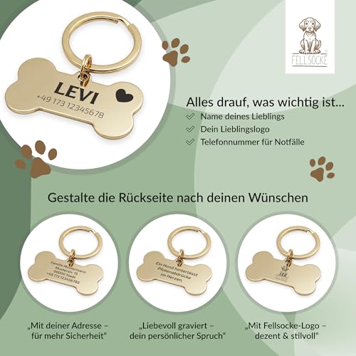 FELLSOCKE Hundemarke mit Gravur aus Edelstahl, Individuell gravierbar, Robuste Tiermarke, Dogtag Anhänger Hunde, Pferde, Katzen & Welpen (Glänzend, Goldfarben, 50x28mm)