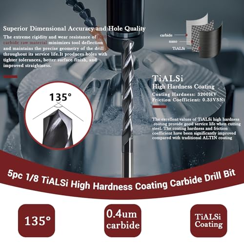 Image of 1 /8 Carbide Drill Bit : Max 700 Holes for Hardened & Stainless Steel 5pcs | Hot Working Steel, Metal, TiAlSi Coating, 135 Point Angle, For CNC & drill press,