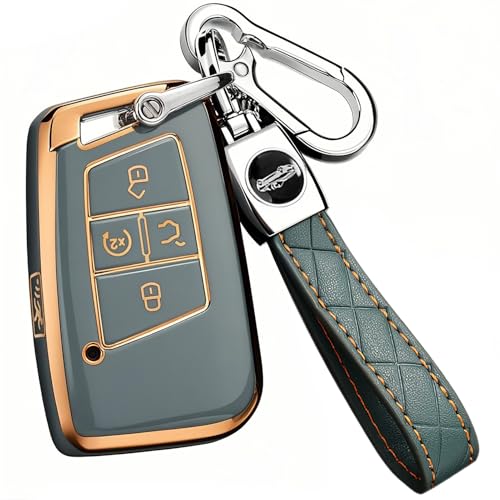 Montague Key Fob Cover for Volkswagen with Keychain, Premium TPU Key Case Compatible with VW Tiguan Atlas Taos SEL Jetta GLI Passat Arteon Remote Start Protector（5 Buttons Gray）