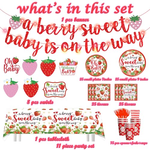 177 Pcs Strawberry Baby Shower Decorations, Berry Sweet Baby Shower Decorations A Berry Sweet Baby is on the Way Banner Tableware Hanging Swirls, Berry Sweet Baby Shower Strawberry Baby Shower Girl