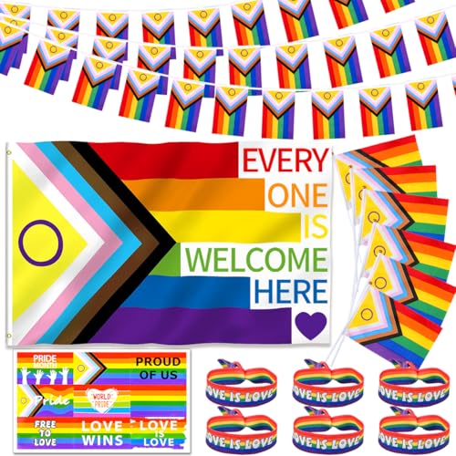 iZoeL Pride Decorations Large Pride Flag Bunting Banners Hand Flags Bracelet Tattoos - LGBTQ Accessories Progressive for LGBT Month LGBTQ+ Parade Street Bar Decor