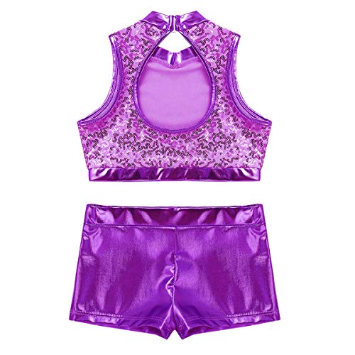 Image of easyforever Kids Girls 2PCS Shiny Mermaid Scales Ballet Dance Outfit Crop Top with Short Tankini Swimsuit
