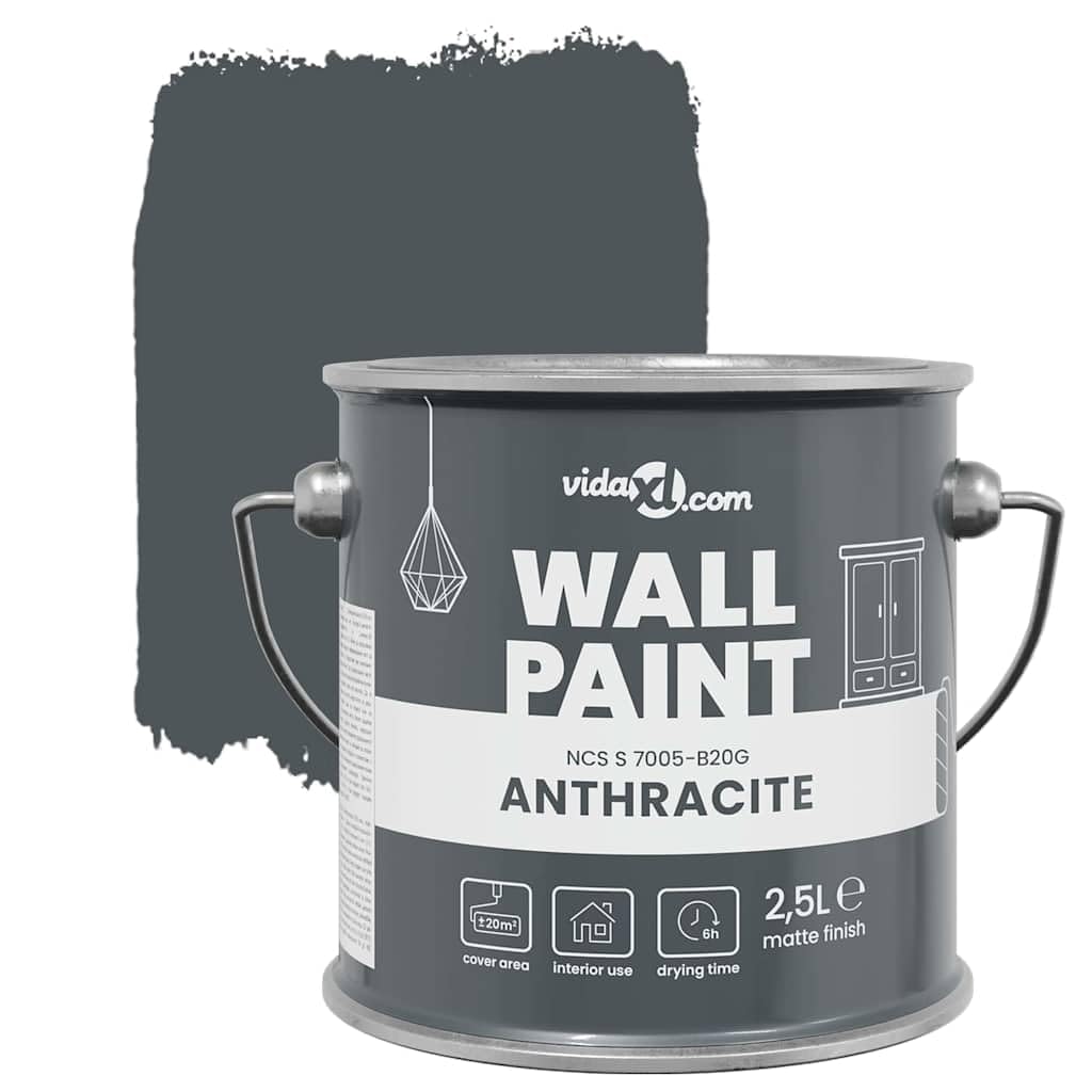 Wandfarbe Anthrazit 2,5 L Innenfarbe für Wohnzimmer Küche Schlafzimmer, hochdeckende Dispersionsfarbe, geruchsneutral, abwischbar, 20 m² Reichweite
