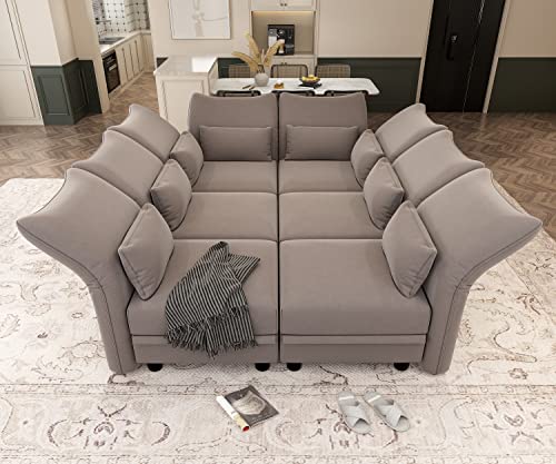 Llappuil Oversized Sleeper Sectional Sofa Couch, 89.5" 6-Seater Bed Shaped Modular Sectional Sofa With Storage Chaise, High Back Recliner Velvet Couches, Anti-Scratch Brown #TOP22