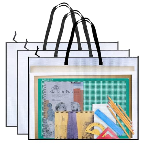 3 Stück A2 Sammelmappe: Transparent A2 Zeichenmappe, Praktisch Mappe, Robust Kunstmappe Mit Griff Und ReißVerschluss, für Prüfung und Dokumentenorganisation (63.5cmx48.26cm)