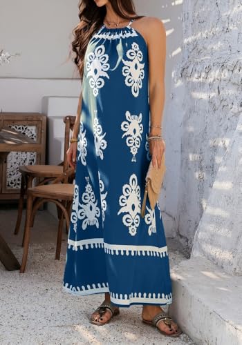 Image of Sulozom Summer Maxi Dresses for Women 2025 Casual Floral Halter Sleeveless Boho Dress Flowy Beach Vacation Outfits
