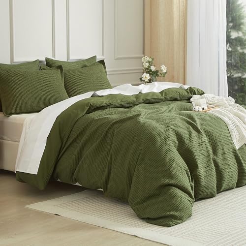 SE SOFTEXLY Waffle Duvet Cover King, 100% Cotton Waffle Weave Bedding Duvet Cover Set, Soft and Breathable Comforter Cover for All Season, 3 Pieces Including Pillow Shams(Green, 104”x90”)