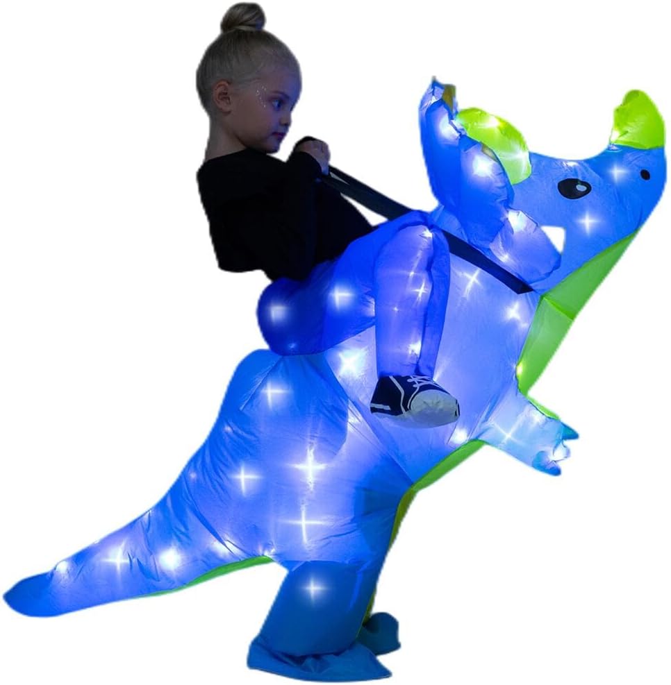 Kids Inflatable Costume, Triceratops Dinosaur Halloween Cosplay Costume with LED Light for Cosplay Party Blue