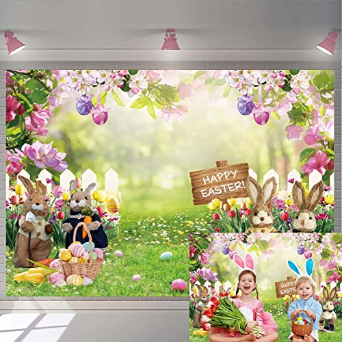 Frühling Ostern Fotografie Hintergrund Ostern Bunte Eier Garten Zaun Grün Gras Hase Dekoration Kinder Neugeborene Baby Geburtstag Party Hintergründe (243,8 x 182,9 cm) Cover