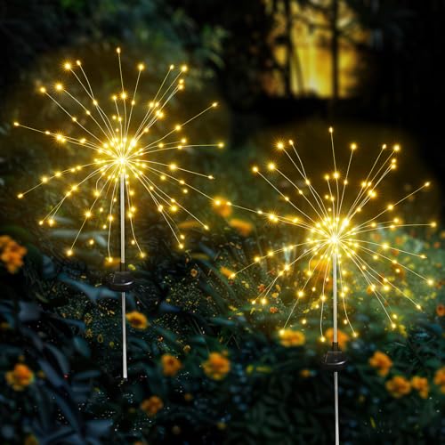 Aureate Horizon Solar Garden Firework Lights Outdoor Waterproof 2 Pack Solar Lighting with 8 Lighting Modes 120 LED Sparklers String Lights for Outside Decor Yard Pathway Decorations(Warm)