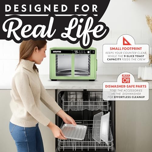 Gourmia French Door Air Fryer Oven - 37 Qt Large Capacity Convection Toaster Oven, FryForce 360°, Digital Display, 12 Cooking Presets, Dehydrate, Fits 13” Pizza, Dishwasher-Safe, Green