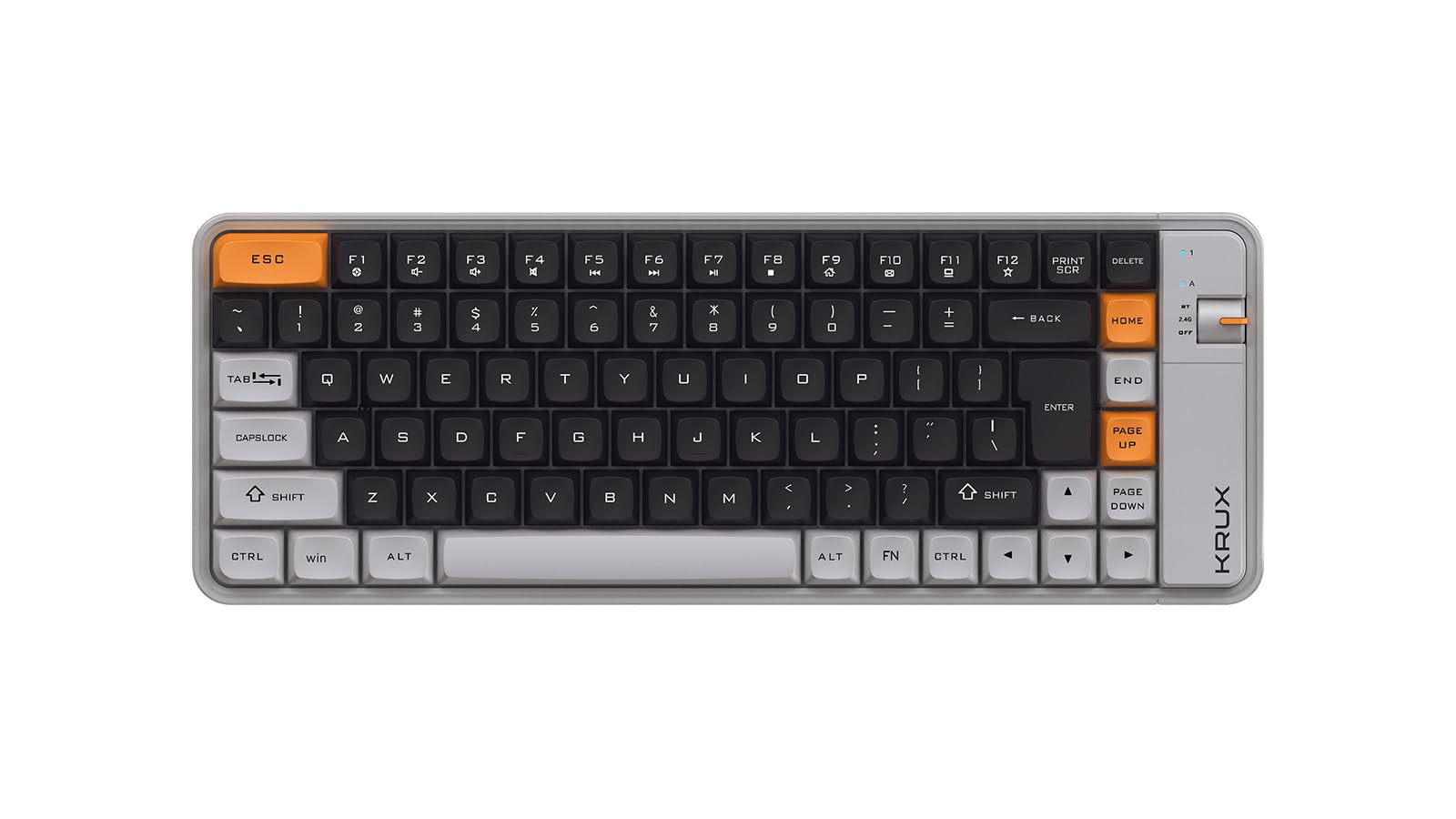 KRUX Zyro 75%, Bezprzewodowa klawiatura membranowa 84 klawisze, Bluetooth + 2,4 GHz + USB-C, cicha, układ US ANSI, Windows/Mac/Linux/Android, szaro-żółta, retro design