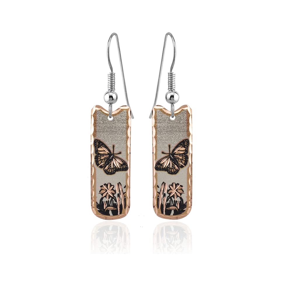 Artisan Copper Butterfly Earrings Rectangular Shaped Butterfly & Flower Jewelry, Unique Gift for Her, Gifts for Mom