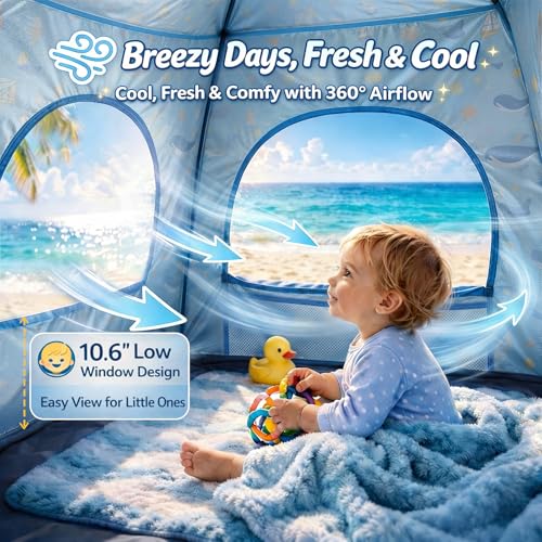 Image of Baby Beach Tent Pop Up Sun Shelter with UPF 50+ UV Protection, Silver-Coated Interior, Breathable Mesh Ventilation, Easy Setup, Wind-Stable Beach Shade for Infants & Toddlers