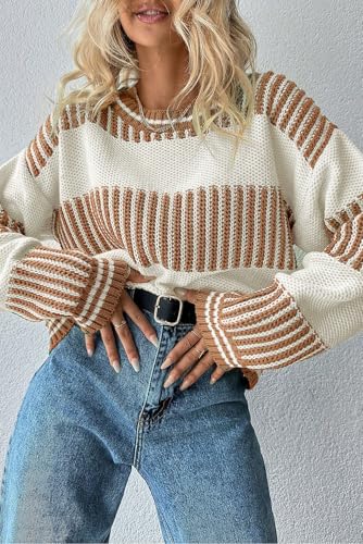 Apvirdy Womens Two Tone Striped Patchwork Sweater Drop Shoulder Casual Loose Crewneck Long Sleeve Ribbed Knit Pullover Tops2