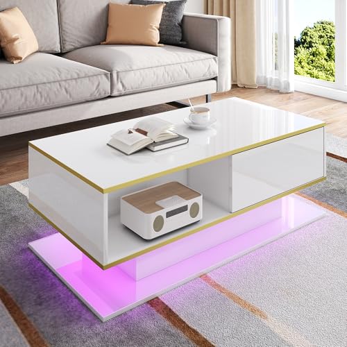 Aunvla Moderner LED-Couchtisch mit Hochglanz, 100 cm lang, Goldverzierung, 3 Schubladen & USB-LED-Lichtstreifen (Adapter/Powerbank erforderlich) – Bild 5