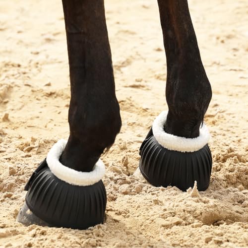 Image of Harrison Howard Rubber Pull-on Bell Boots with Fleece Lining and Extra-Large Leather Touch-Close Tape Hoof Overreach Protection for Horses Sold in Pairs Black L
