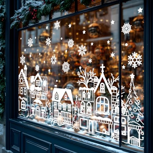 JarThenaAMCS 13.8 * 35.4'' Extra Large Christmas Window Clings 4 Sheets White House Snowflake Xmas Tree Window Stickers Double-Sided Glass Decals for Winter Xmas Home Classroom Office Party Decoration
