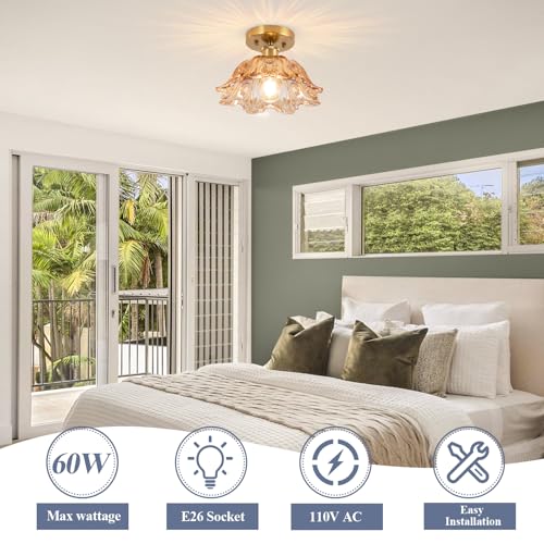 Image of Semi Flush Mount Ceiling Light,Vintage Lights Fixture Ceiling E26 Base,Amber Shade Glass Hallway Light Fixture for Porch Kitchen Bedroom, Bulb Included