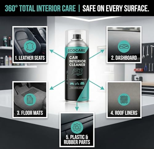 Image of EcoCare Car Interior Cleaner Polish | Multipurpose Foam Cleaning Spray with Microfiber Cloth for Leather Seats, Dashboard, Mats, Roof Liners | Removes Tough Stains & Dirt | Protects All Surfaces 400ML