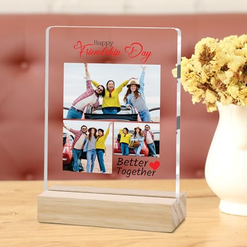 Image of Giftplease Customized Friends Plaque with Wooden Stand | Personalized Photo Frame with Quote | Best Friend Birthday Gift, Farewell Gift, Friendship Day Gift for BFF Keepsake Room Decor FR 10