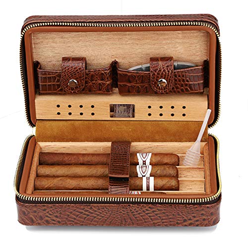 Time C Club 4-Finger Portable Travel Crocodile Skin-Style Burgundy Leather Cigar Case, Cigar Humidor, Cigar Cutter And Humidifier, Father's Day, Birthday Gift #TOP1