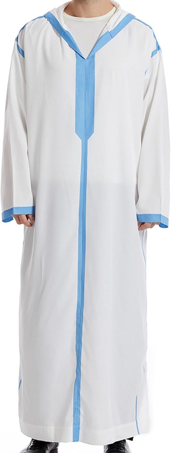 Men's Muslim Hoodies Robe Arab Middle Robes Long Style Long Sleeve V Neck Stripe Long Shirt Fashion Casual Thobe