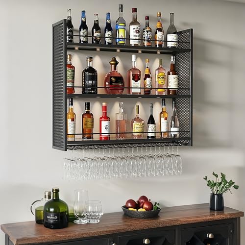 Support de stockage de vin mural en métal avec porte-verre suspendu