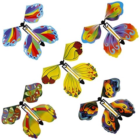 QINREN 5pcs Flying Butterfly Toy, Bright Colors Magic Butterfly Card Rubber Band Powered Wind up Butterfly Toys Magic Butterfly Surprise Gift Card for Wedding Birthday Party Playing (5 Colors) Cover