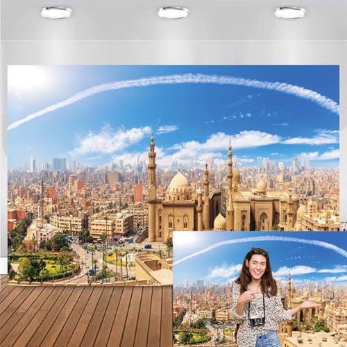 Bovlleetd City Building Backdrop 7x5ft Egypt Landmark Famous City Symbol Architecture Photography Background Blue Sky Skyline Buliding Backdrops Travel Portrait Photo Booth Studio Props Vinyl - Image 2
