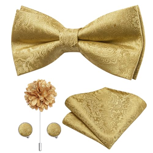 Image of Dubulle Mens Paisley Striped Bowtie Set Pre-tied Bowtie for Men and Pocket Square Set Wedding Business
