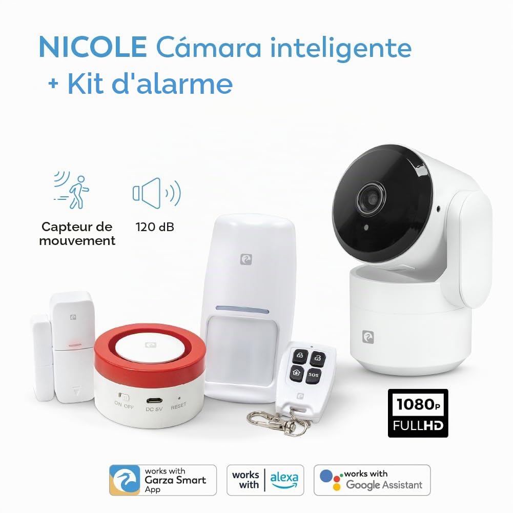 Garza - Kit Alarme Wi-FI 2,4 GHz avec caméra 1080p 360°, sirène 120 DB, capteurs de Mouvement et Ouverture Porte/fenêtre, contrôle Via app et Vocal