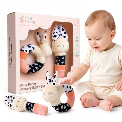 Joey Monty Bella Bunny Soft Baby Rattle Toys for Babies 0-6 Months (2 Pack) High Contrast Baby Toys for Newborn Plush Baby Rattles & Rings Baby Girl Gift
