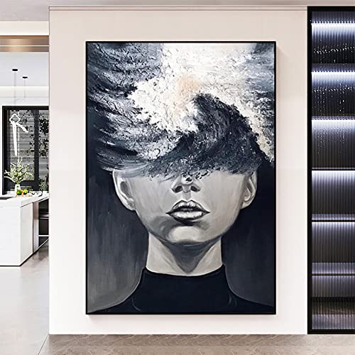 Peinture moderne grise pour grand mur vide | Toile vertical abstrait méditation fille