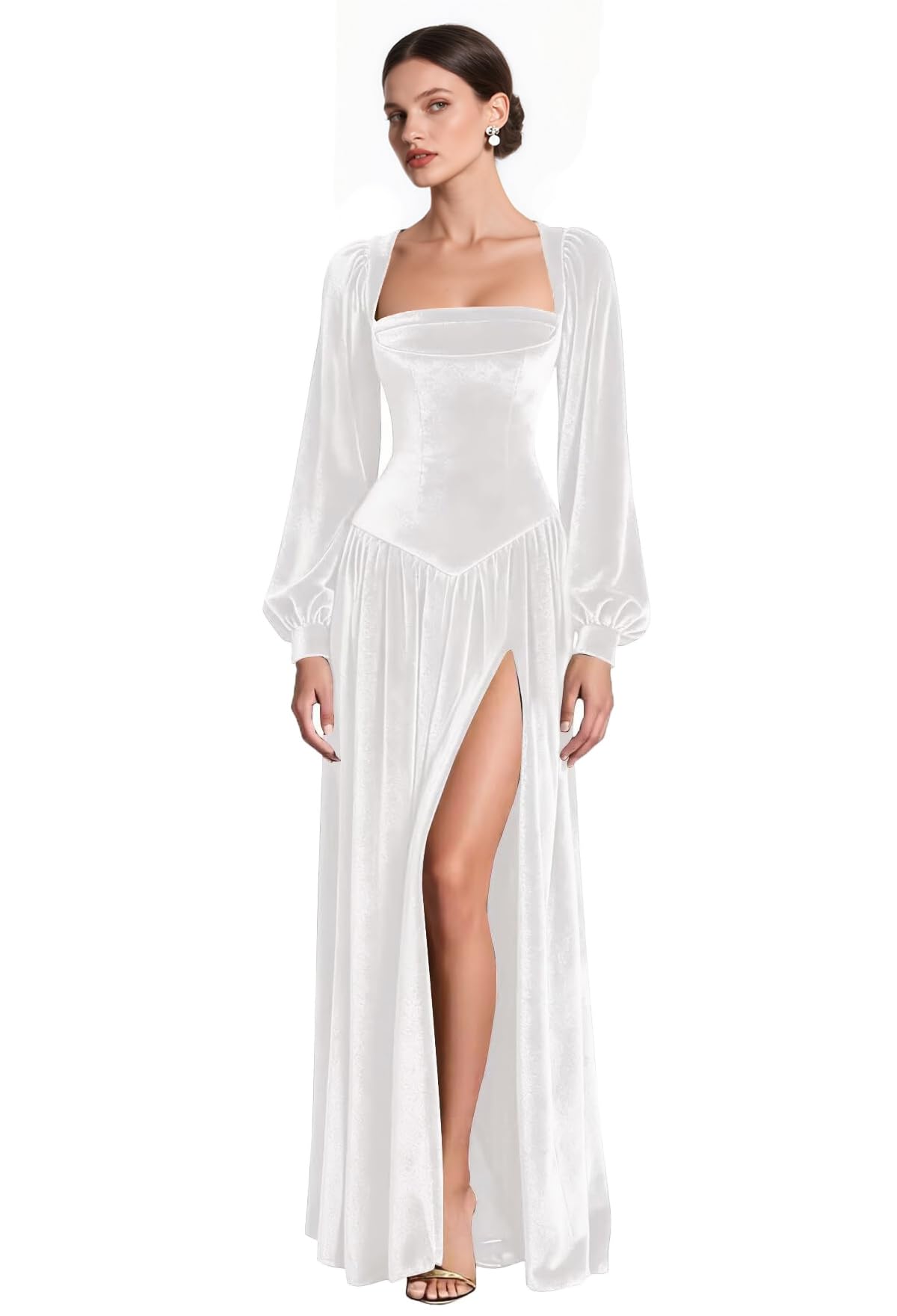 CYJJYZ Long Sleeves Velvet Bridesmaid Dresses for Women Square Neck Prom Dress with Slit Ruched Formal Evening Gowns: White 12