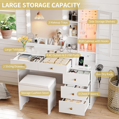 Image of Vanity Desk with Mirror and Lights, Makeup Vanity Table Set with 5 Storage Drawers, Power Outlet & Chair, Small Dressing Table with RGB Ambient Light, Adjustable Brightness for Girls Bedroom, White