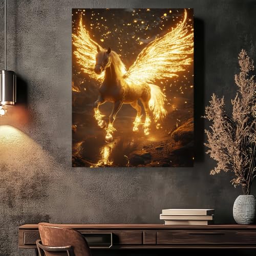 Cheval ailé doré affiche vintage moderne pour illuminer un mur de salon