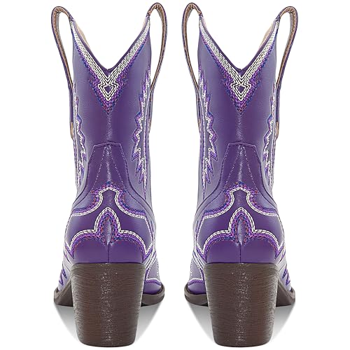 Image of HOCHFART Women's Western Ankle Cowboy Boots Chunky Pointed Toe Wide Calf | Metallic PU-Leather, Embroidered, Pull-On, Concert, Festival, Rodeos, Party, Daily Wear, All-Day Comfort