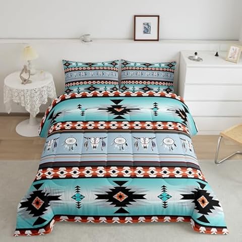 Erosebridal Western Bedding Sets Queen, Exotic Bull Skull Queen Comforter Set Southwestern Quilt,Dream Catchers Tribe Feather Duvet Insert Western Animals Boho Aztec Western Decor Blue Teal Orange Cover