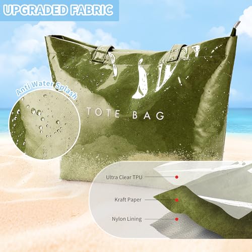 Image of KALIDI PVC Zipper Tote Bag, Jelly Kraft Paper Beach Bag Large Hobo Carry All Travel Shopping Handbag Plastic Shoulder Bag
