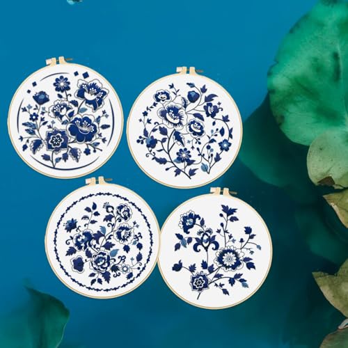Image of FREEBLOSS 4 Set 12'' Embroidery Kit for Beginners Indigo Flowers Border Pattern Embroidery Kit with Instructions Full Kit of Embroidery Cloth 2 Embroidery Hoops Indigo Blue Series Flosses