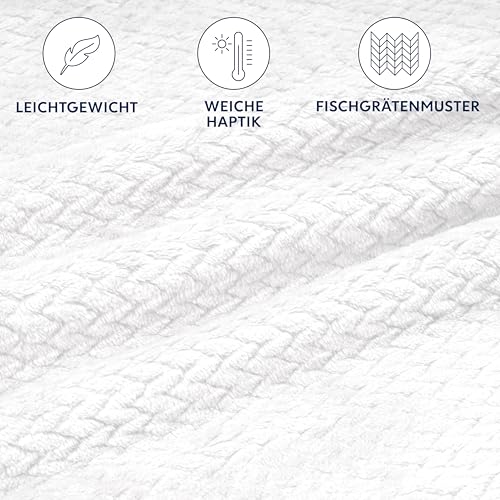 Dreamzie - Flauschig Fleecedecke 130 x 150 cm - Kuscheldecke Mikrofaser 100% Polyester 260gsm - Decke Sofa mit Fischgrätmuster und weicher Haptik - Weiß