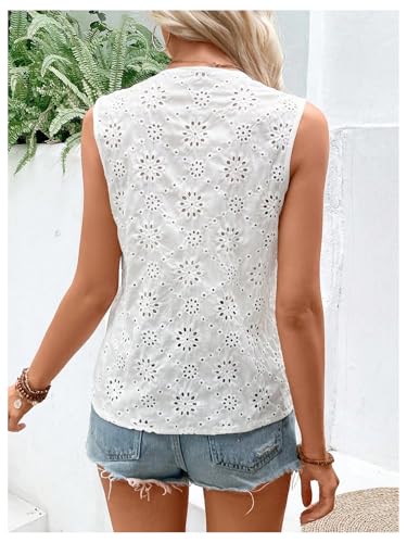 SweatyRocks Women's Boho Lace Blouses Eyelet Embroidery Summer Vacation Sleeveless V Neck Tops2