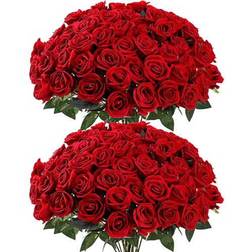 Sggvecsy 50 Pcs Artificial Roses Red Flowers Fake Velvet Silk Roses with Stems Bulk Realistic Faux Flowers for Bridal Bouquets Wedding Centerpieces Valentines Day DIY Home Party Decor (Red)