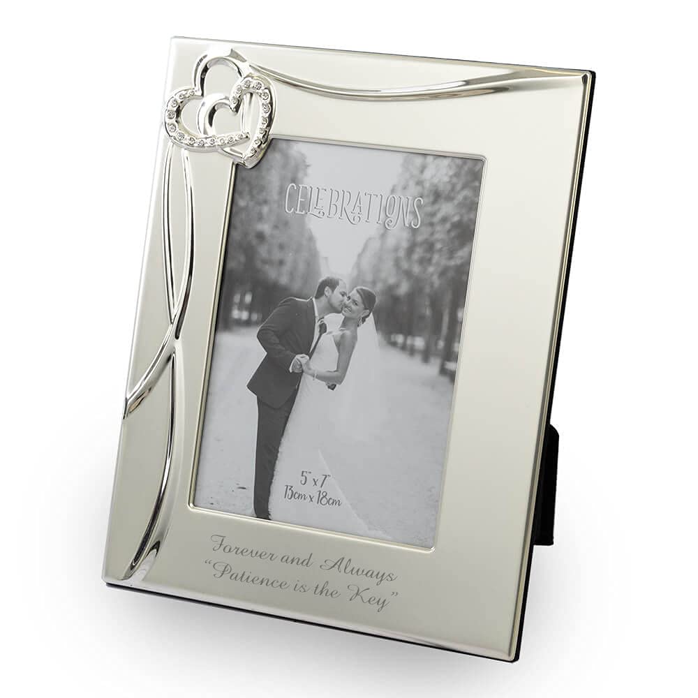 Personalised Silver Plated 5"x7" Photo Frame with Hearts and Crystals Design And Stand - Engraved With Your Custom Text
