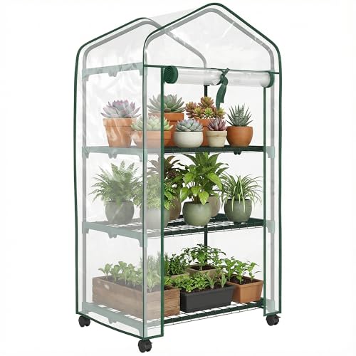 Outsunny Serre de Jardin PVC avec étagères 3 Niveaux, Serre de Balcon, bâche PVC, châssis en Acier, Porte zippée Enroulable, pour légumes Plantes Fleurs, 69x49x130cm, Transparent