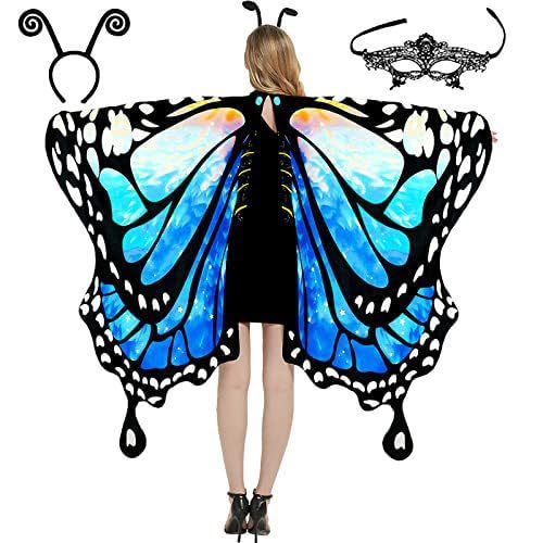 Butterfly Costume for Girls Women Fairy Butterfly Wings Halloween Cosplay Costume Cape with Mask Antenna Headband Dress Up Clothes for Kids Woman Halloween Party