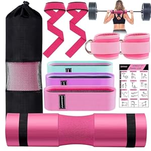 SINYWAY Barbell Pad Set for Squat,10 PCS Hip Thrusts Workout Foam Weight Lifting Bar Cushion with 2 Gym Ankle Straps,3 Hip Resistance Bands,2 Lifting Strap,Barbell Pad and Carry Bag